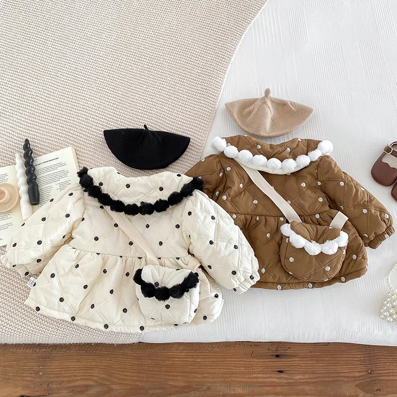 2024 Winter Infant Girl Medium Cotton Jacket Baby Girl Polka Dot Small Hairball Coat Princess Warm Thickened Outerwear