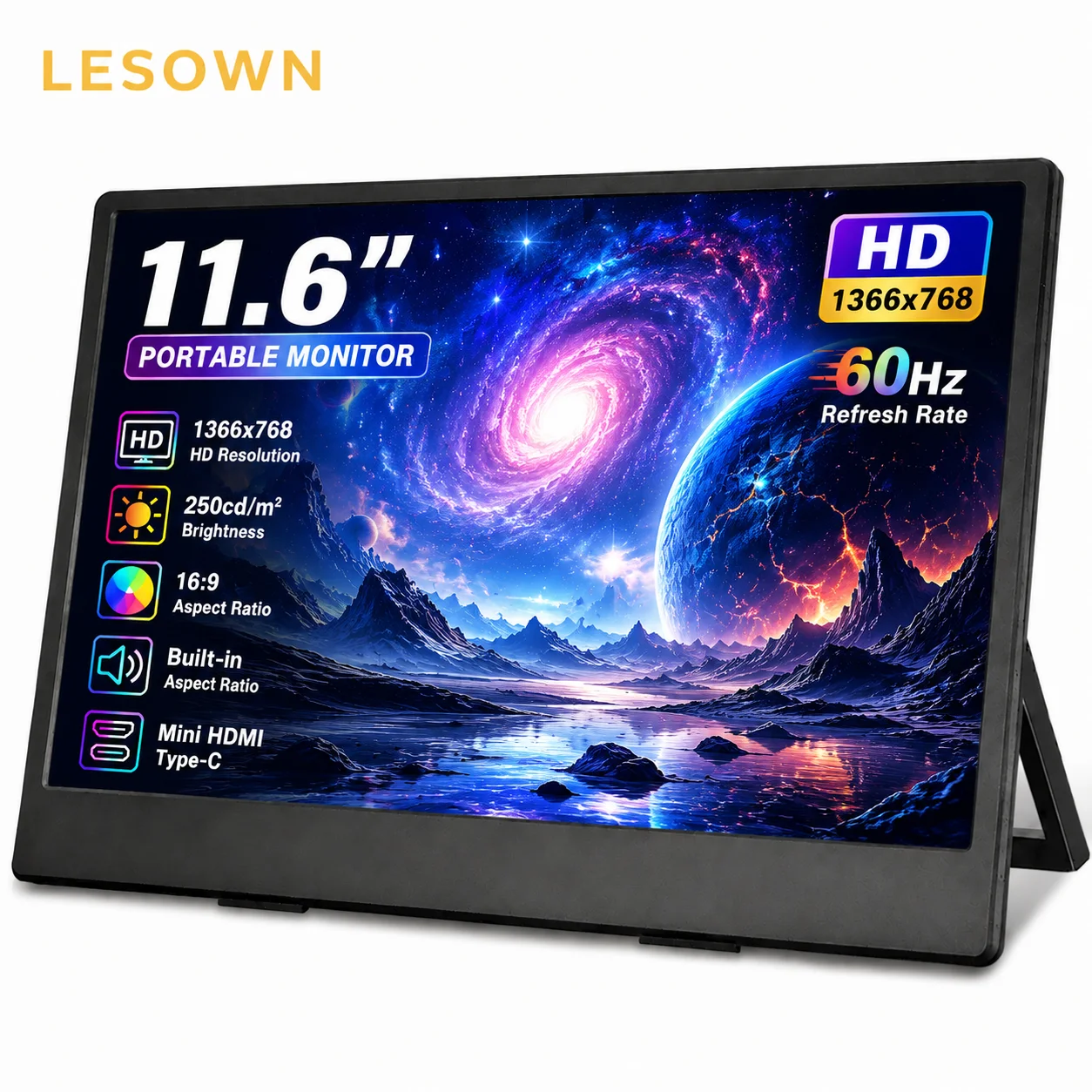 

LESOWN 11.6-inch Portable Screen 768P HD Plug and Play External Display with VESA Mount Speakers for MacBook