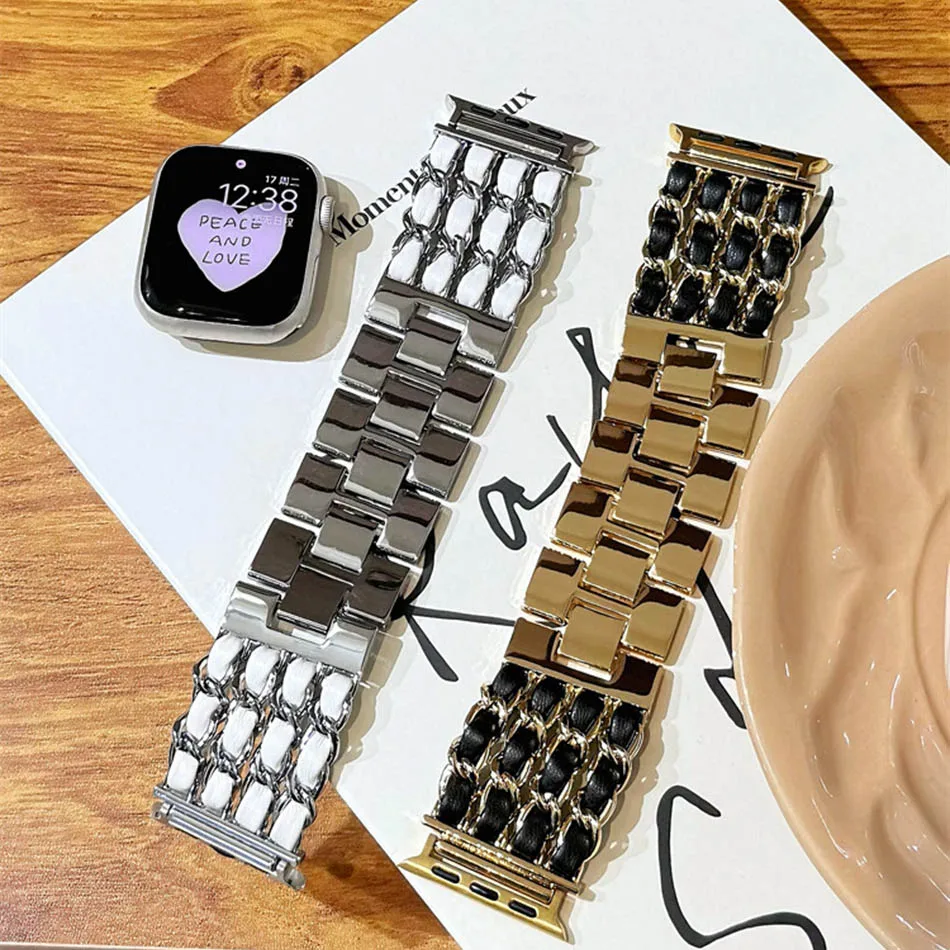 سوار أنيق فاخر لساعة Apple Watch 10 9 8 7 6 5 4 3 2 SE Ultra Band 38 مم 40 مم 41 مم 42 مم 44 مم 45 مم 46 مم 49 مم أساور جلدية مضفرة معدنية للنساء