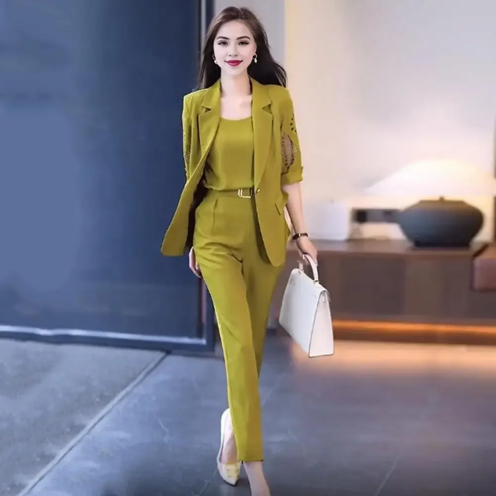 Women Office Wear Suit Women Formal Suit Elegant Women\'s Formal Suit Set with Sleeveless Vest High Waist Pants Half for Office