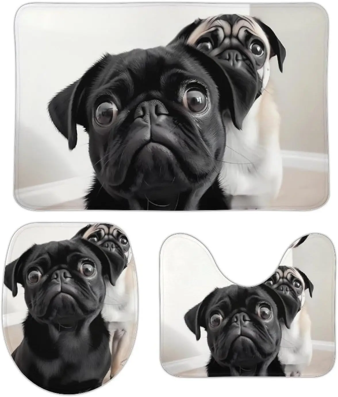 3 Piece Bath Rug Set Non Slip Absorbent Bath Mat Contour Mat with Toilet Lid Cover Cute Black Pug Dog Soft Floor Mats for