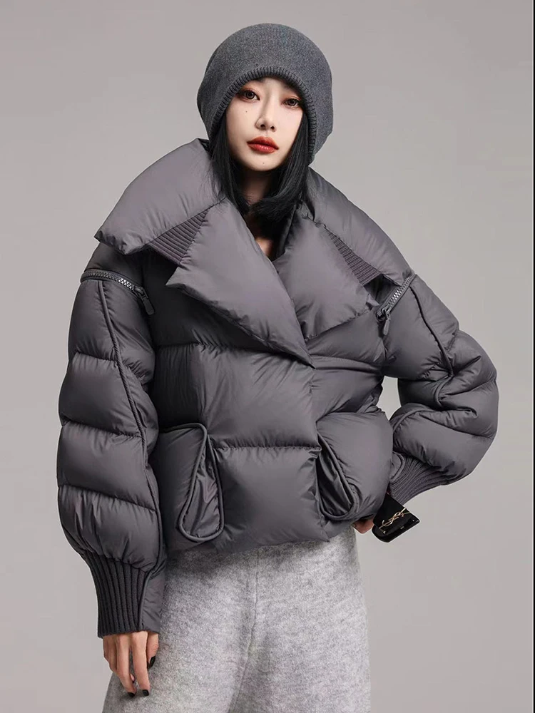 [EAM] Brown Knitting Big Size Keep Warm Down Jacket New Long Sleeve Warm Women Parkas Fashion Tide Autumn Winter 2024 CP3465