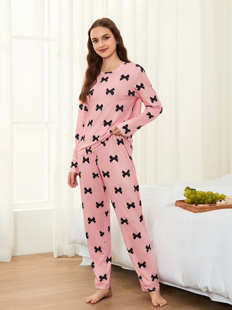 Nova moda feminina outono conjunto de pijama arco impressão em torno do pescoço manga longa topos cintura elástica calças compridas 2 peça roupa venda quente S-XL