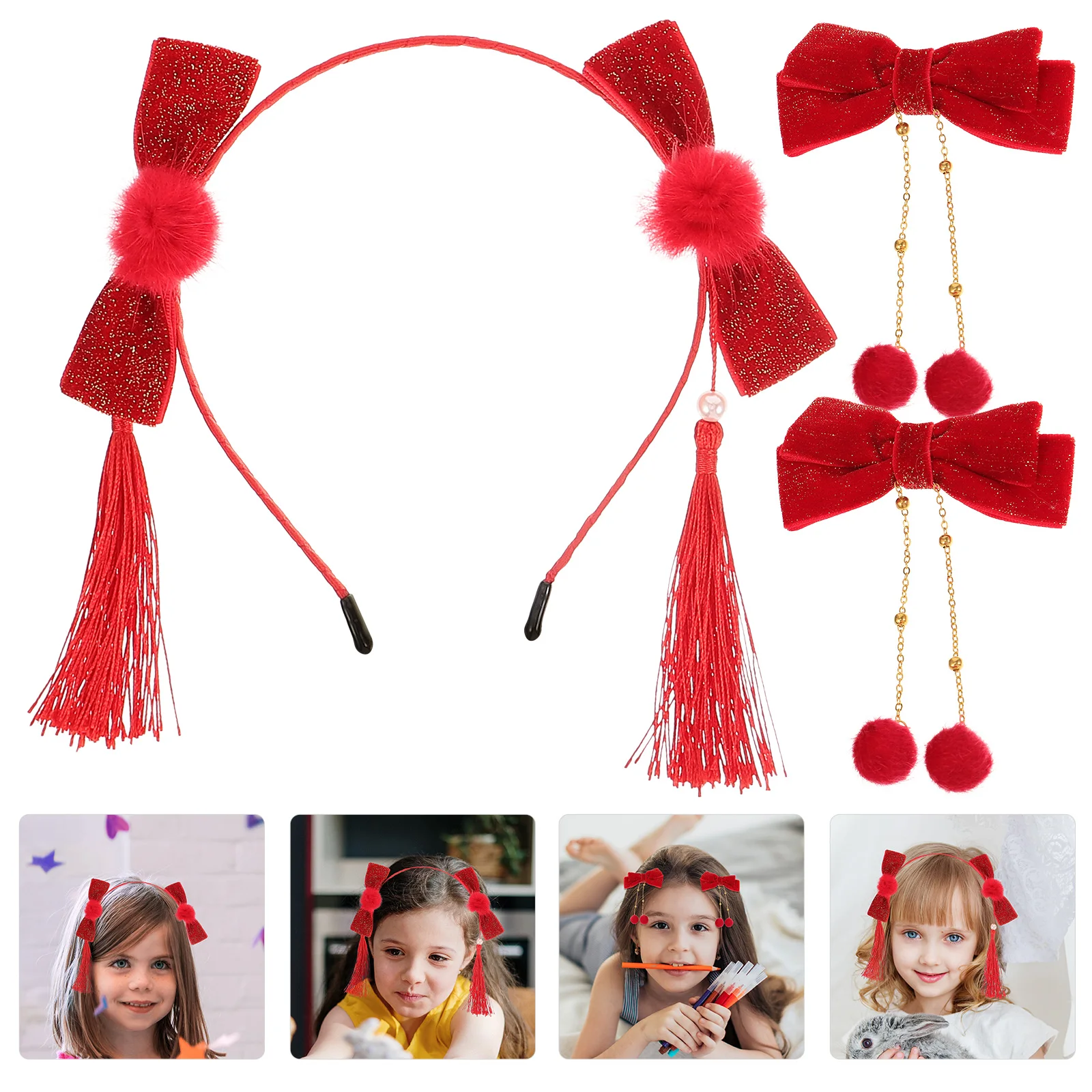 

1 set 1 Set Chinese Style Red Bow Hair Clips Tassel Furry Balls Headband For Girls Festival Party Elegant Lightweight