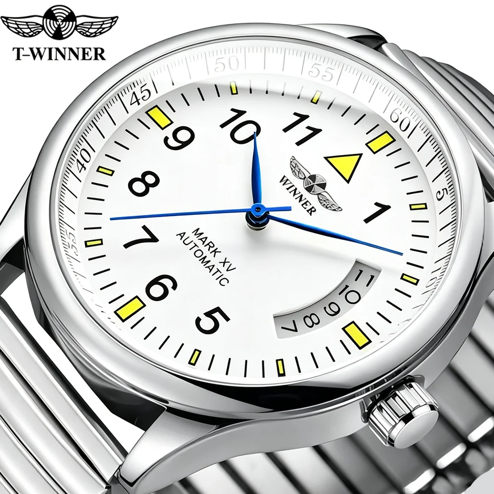 T-WINNER New Design Stainless Steel Spring Bracelet Luxury Man Watch Calendar Automatic Mechanical Luminous Minimalist Men Watch