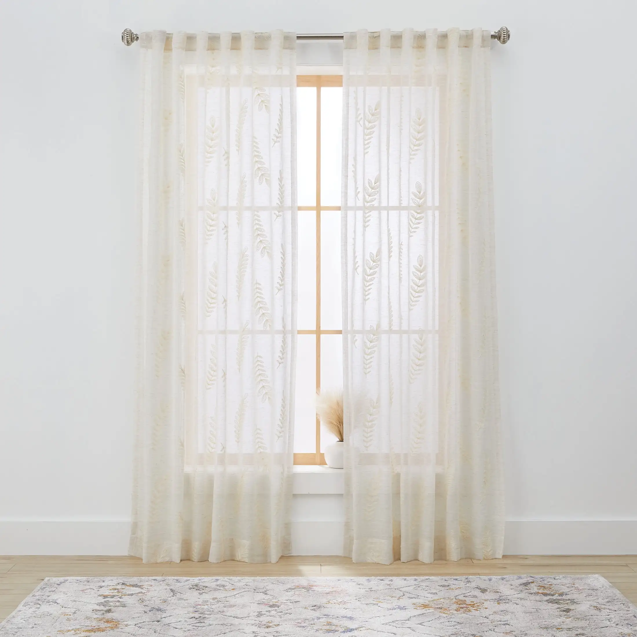 

Embroidered Botanical Sheer Curtain, Single Panel, Papyrus Beige, 50 W X 84 L