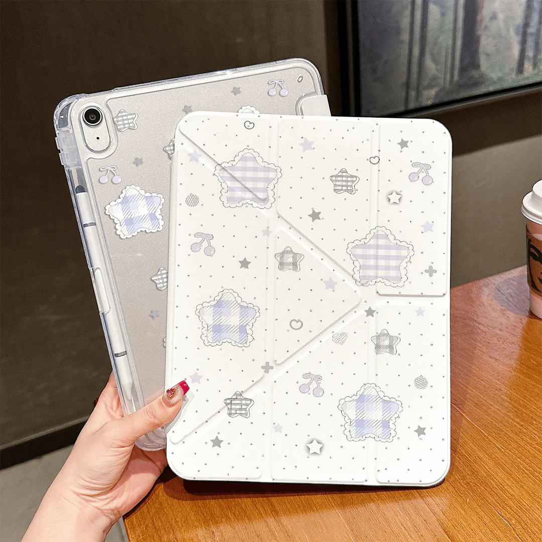 Cute Lace Purple Grid Star  Y-Fold Tablet Case For iPad Pro 11 12.9 13 A16 M2 M4 M3 M5 5/6/7/8/9/10/11th Mini Air 3 4 5 6 Cover