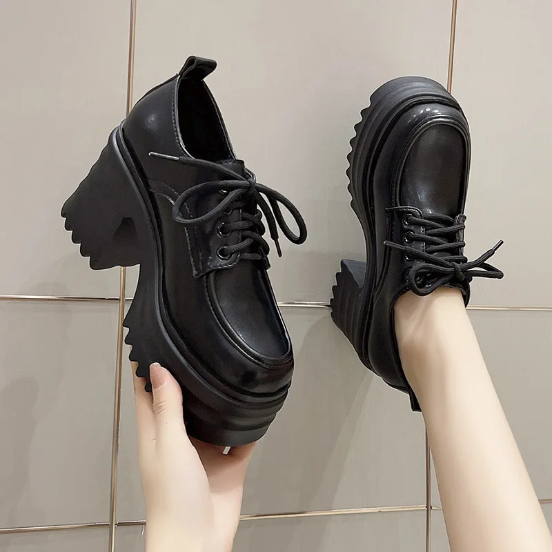 

Spring Women Pumps Black Loafers Chunky 10CM High Heels High Platform British Autumn Ladies Thick Bottoms Shoes 2026 New