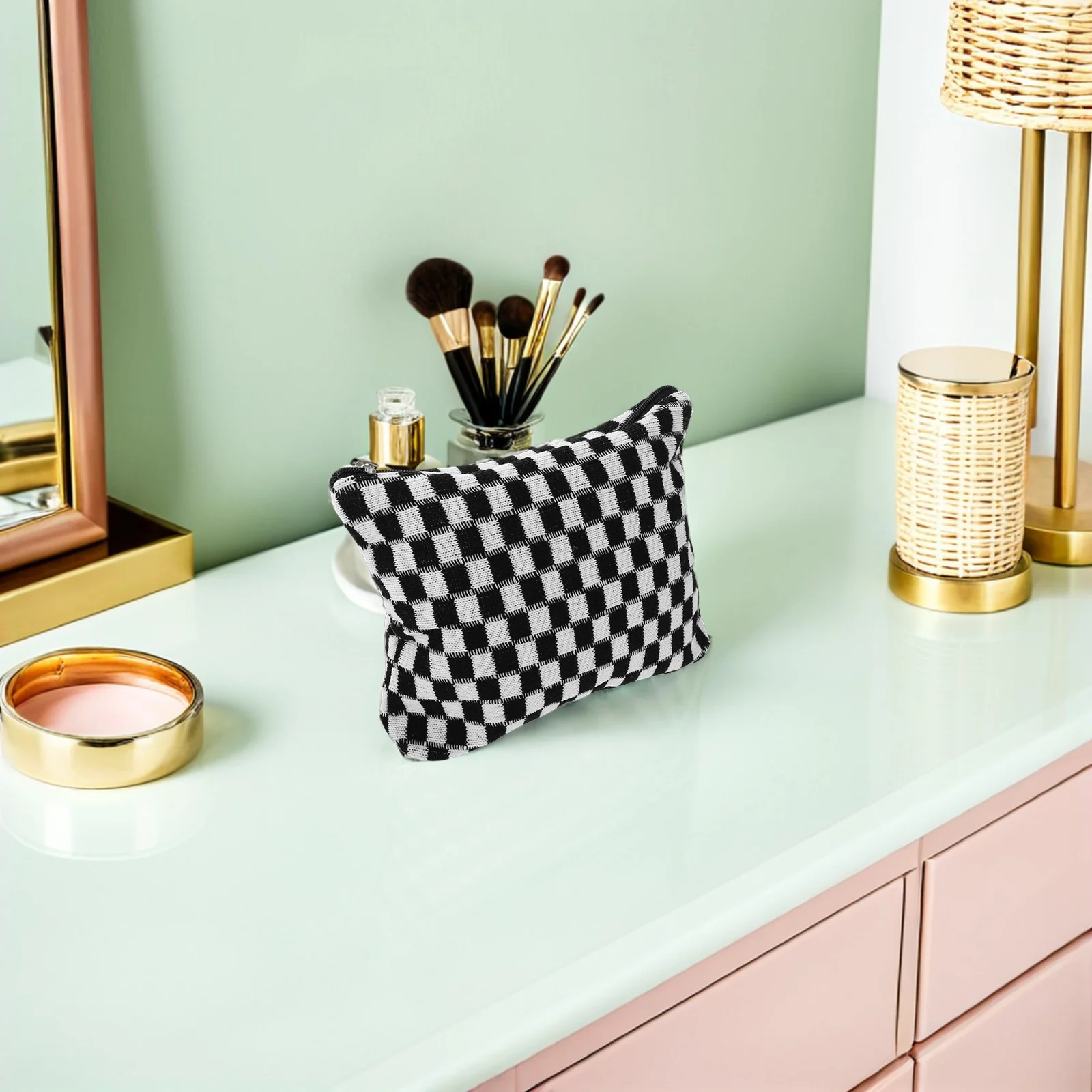 

2Pcs Checkered Makeup Bag Knitted Durable Large Storage Travel Toiletry Organizer Pouch for Girls Women