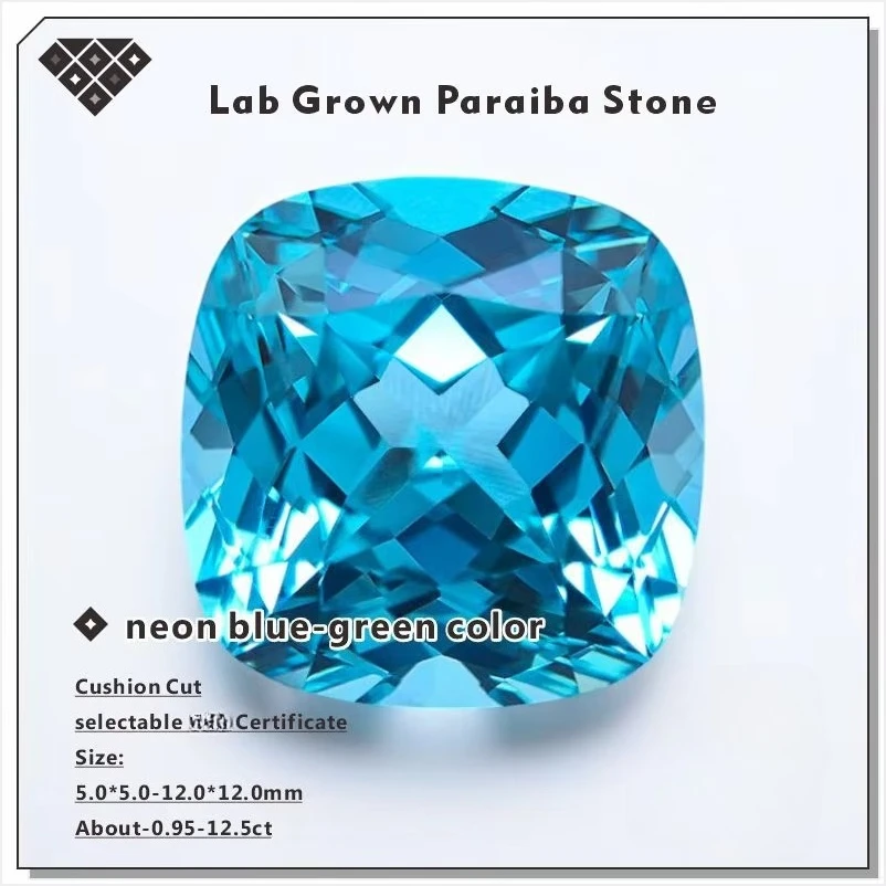 Lab Grown Paraiba Gemstone Cushion Cut Neon Blue Synthetic Tourmaline Loose For Jewelry Setting&Custom Selectable Report