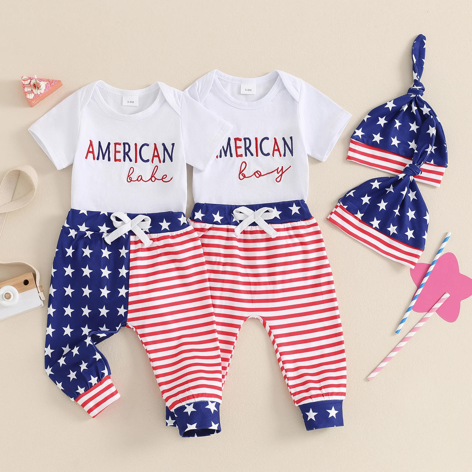 

4th of July Baby Boys Outfits Letter Embroidered Rompers Stripe Stars Print Long Pants Hat 3Pcs Infant Girls Clothes Set