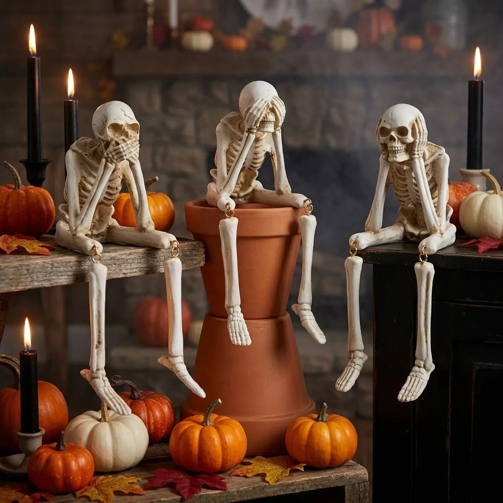 3pcs White Resin Halloween Skeleton Statues Hear See Speak No Evil Figurines For Fireplace Tabletop Gothic Home Party Ornaments
