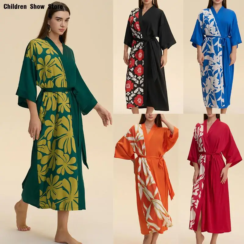 

Халат больших размеров с цветочным принтом, одежда для сна, кимоно, платье для женщин, осенне-весенняя домашняя одежда, интимное белье, пижамы, свободная одежда для дома