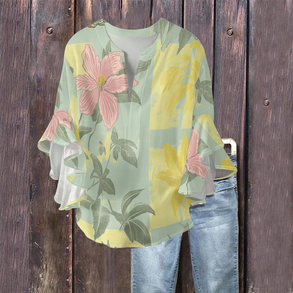 

Women's Bubble Crepe Blouse Floral Print V-Neck Top with Ruffled Sleeves Summer Breathable Shirts Women Casual Boho Chic Blouse