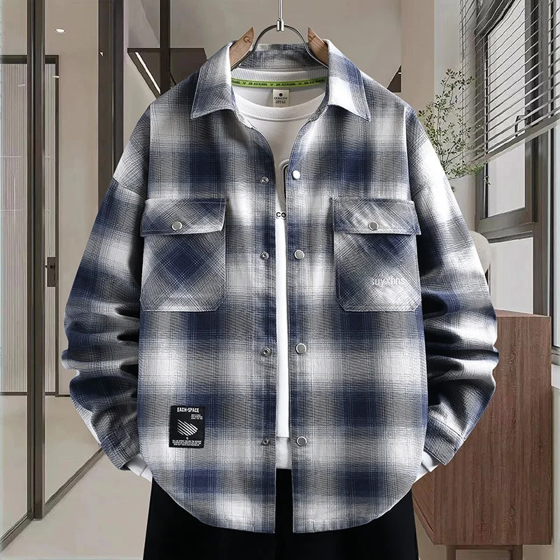 

Casual Cotton Denim Plaid Jaet for Men Spring Autumn Faionable Youthful Outerwear Windproof Long Sve irt Sle