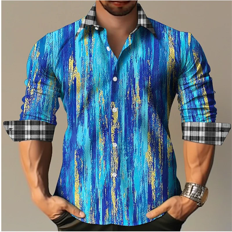 

2023 Fashion Men's Shirt Pattern Printing Graffiti Flip Yellow Blue Outdoor Street Long Sleeve Clothing Designer Casual S-6XL