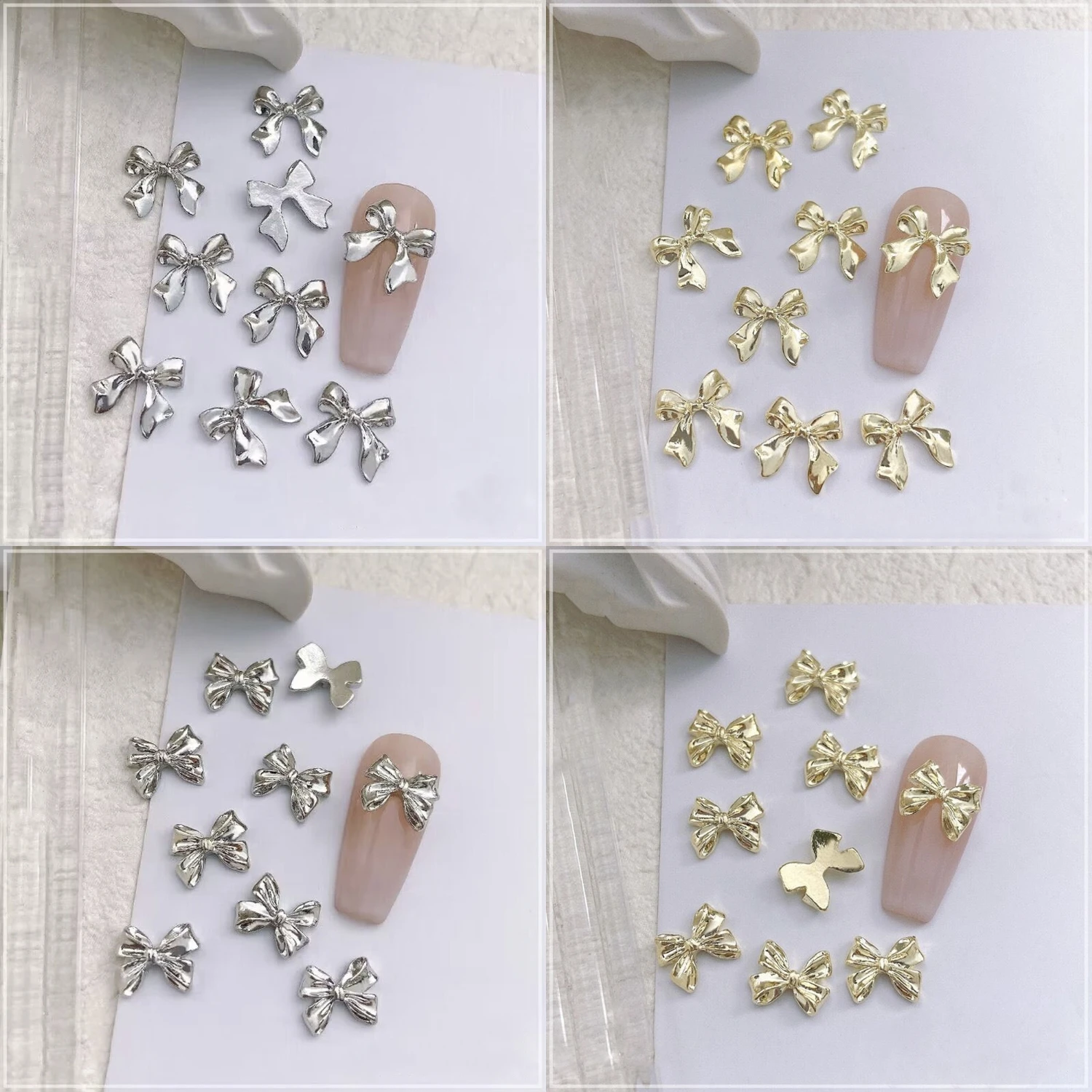 10Pcs Gold Silver Metal Bow Nail Art Charm 3D Exquisite Fashion Alloy Bowknot Ribbon Nail Ornament DIY Luxury Nail Accessories