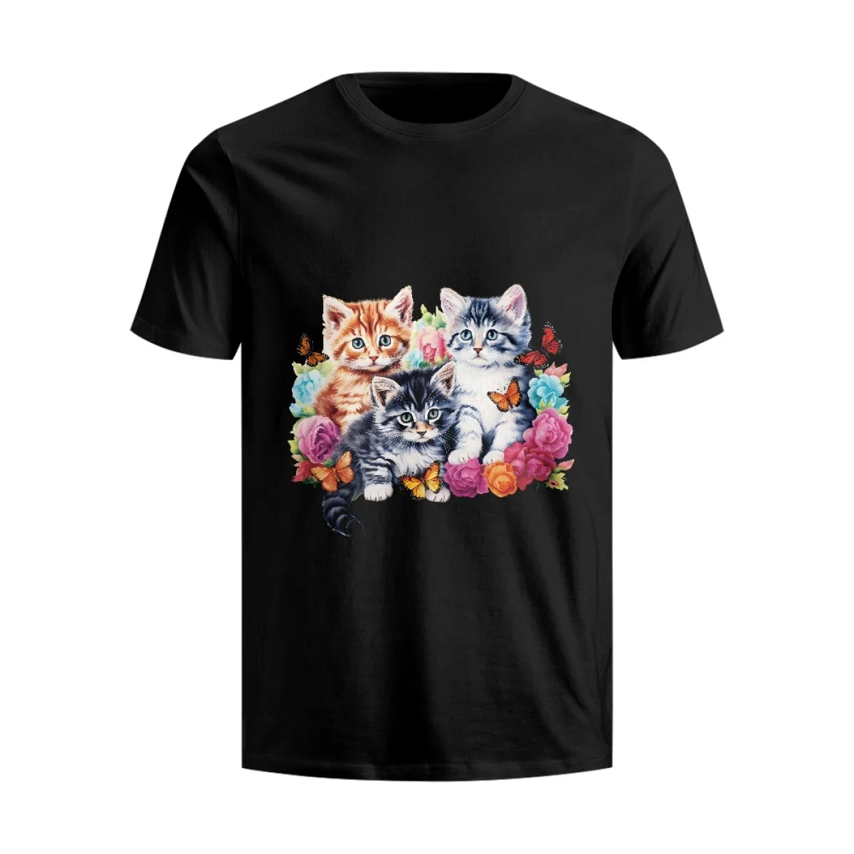 Hycool Cat Flowers Print Shirt Classic Round Neck Short Sleeve Cotton T-shirts for Men Tee Top Fresh Classic Basic Tshirt