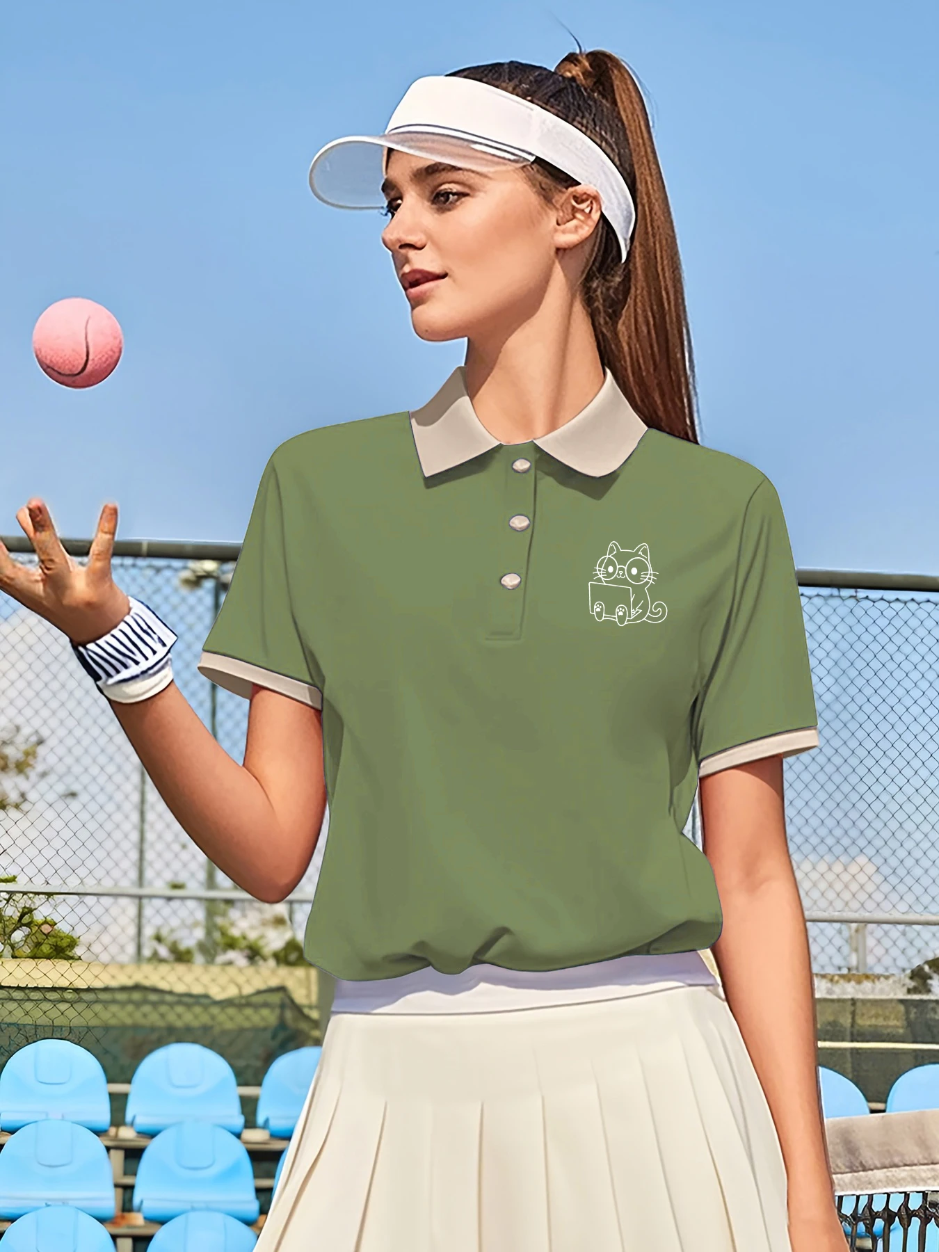 

Рубашка-поло с кошачьим офисным принтом, женские летние повседневные топы, модные футболки с воротником цвета хаки, полосатые манжеты, спортивная женская одежда