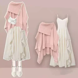 Autumn Winter Women Chic Irregular Sweater Shawl Coat Sling Dress Two-piece Suit Korean Lady Graceful Knit Top Dresses Outfits