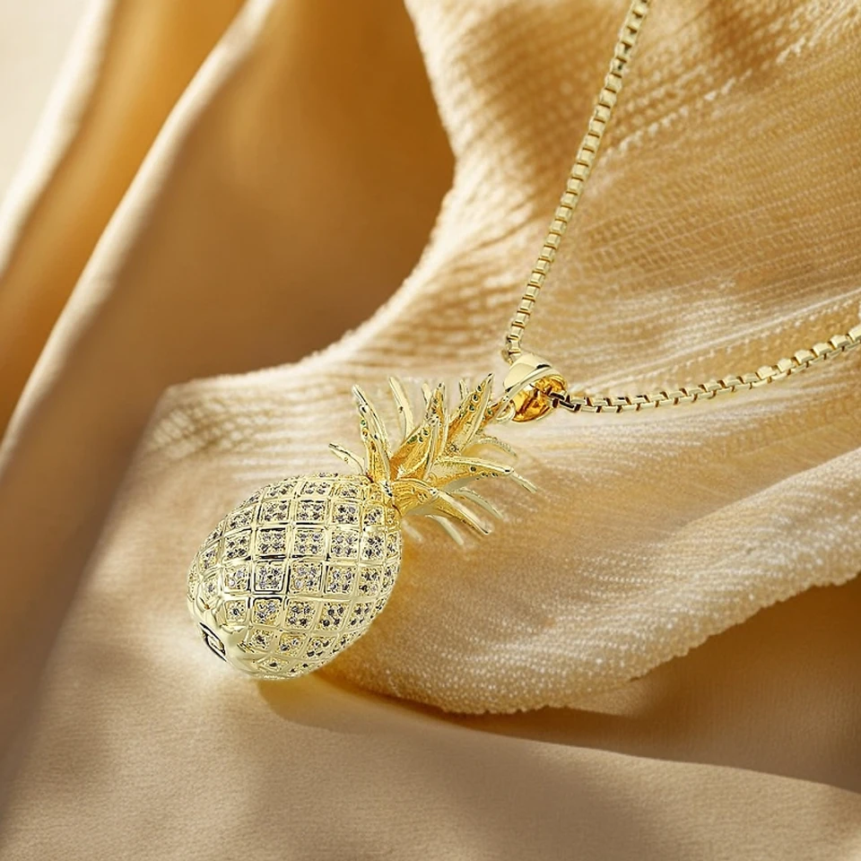 VANAXIN New Fashion 14k Gold Color Pendant Pineapple Necklace Iced Out Cubic Zirconia Fruit Design Charm  Handmade Jewelry