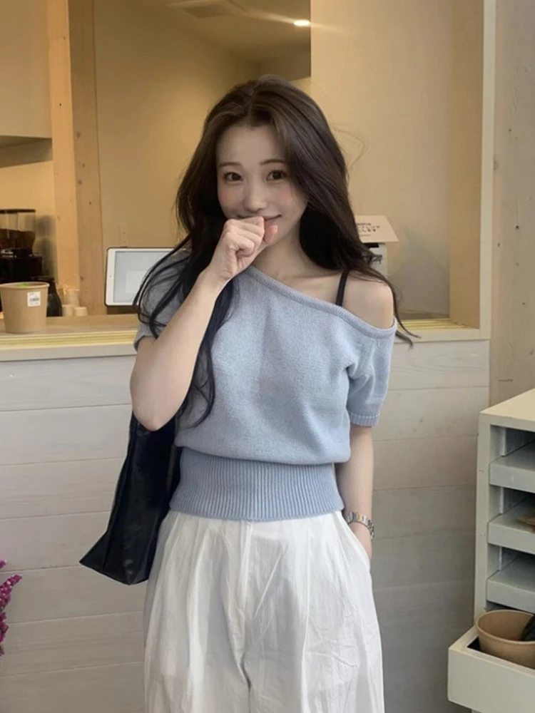 South korea Chic Summer French sle Gentle Sle Oblique Collar off-the-Shoulder Design Soft Glutinous All-Match Short sleev...