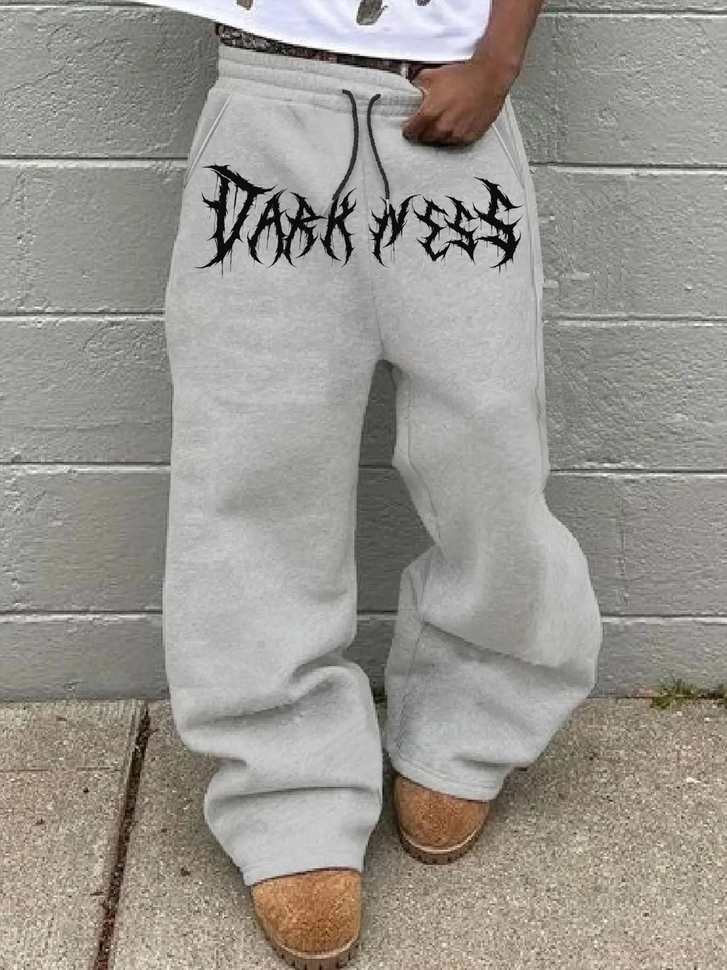 

Loose Dstring Waist Wide Leg Sweatpants Men's Comfortable Casual Trousers Polyester Fiber Printed Spor Straight Leg