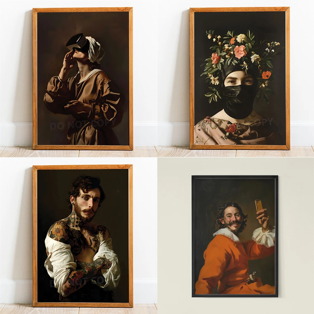 Altered Art Man with tattoos print in the style of Caravaggio Poster Baroque canvas painting Renaissance Funny Wall Art Decor
