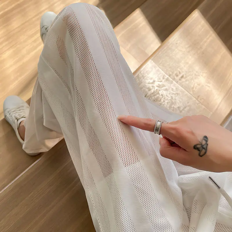 

Women Pants Summer Fashion Hollow Loose Vintage High Waist Casual Chiffon Full Length Straight Elastic Waist Girls Pants