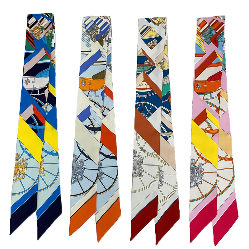 100% Mulberry Silk Scarf Bag Tie Women Neck Skinny Scarves Hairband Foulard Horse Print Brand Lady Neckerchief Ribbon image 5