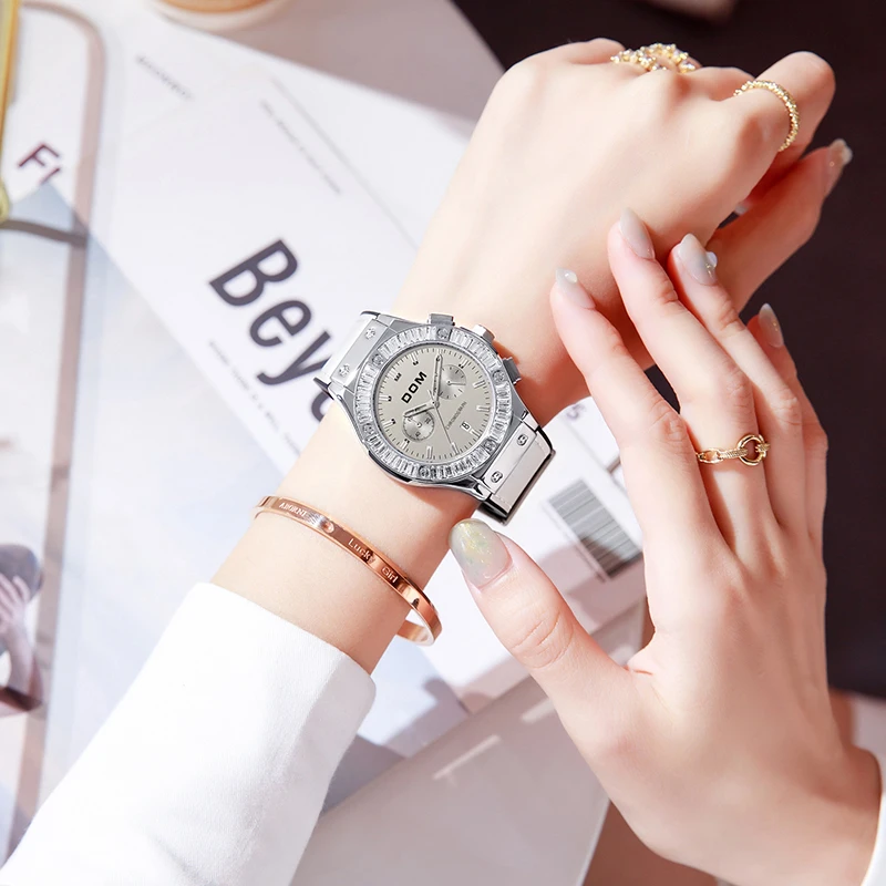 DOM New fashion women's diamond watch  top luxury brand dress Ladies Casual Leather Band Quartz waterproof Wristwatch G-1658L-8M