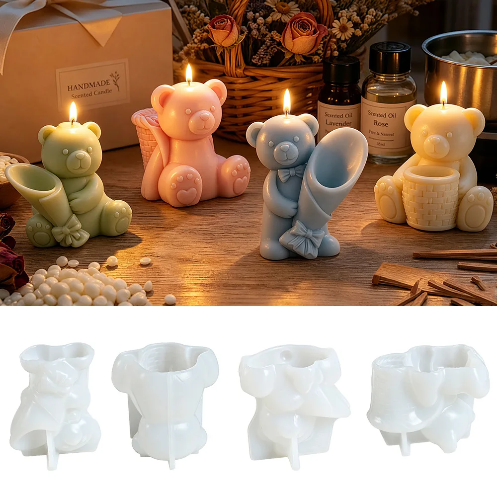 3D Flower Hugging Bear Candle Silicone Mold DIY Animals Bear Flower Vase Gypsum Plaster Candle Mold For Resin Making