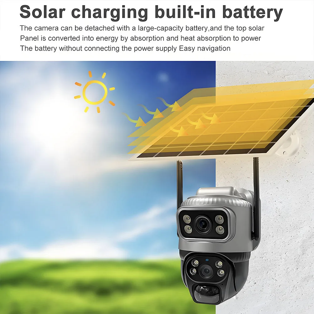 Câmera solar ao ar livre com lente dupla, vigilância sem fio por vídeo, proteção de segurança, 360 CCTV, 8MP, 4G SIM IP, baterias 8000mAh, V380