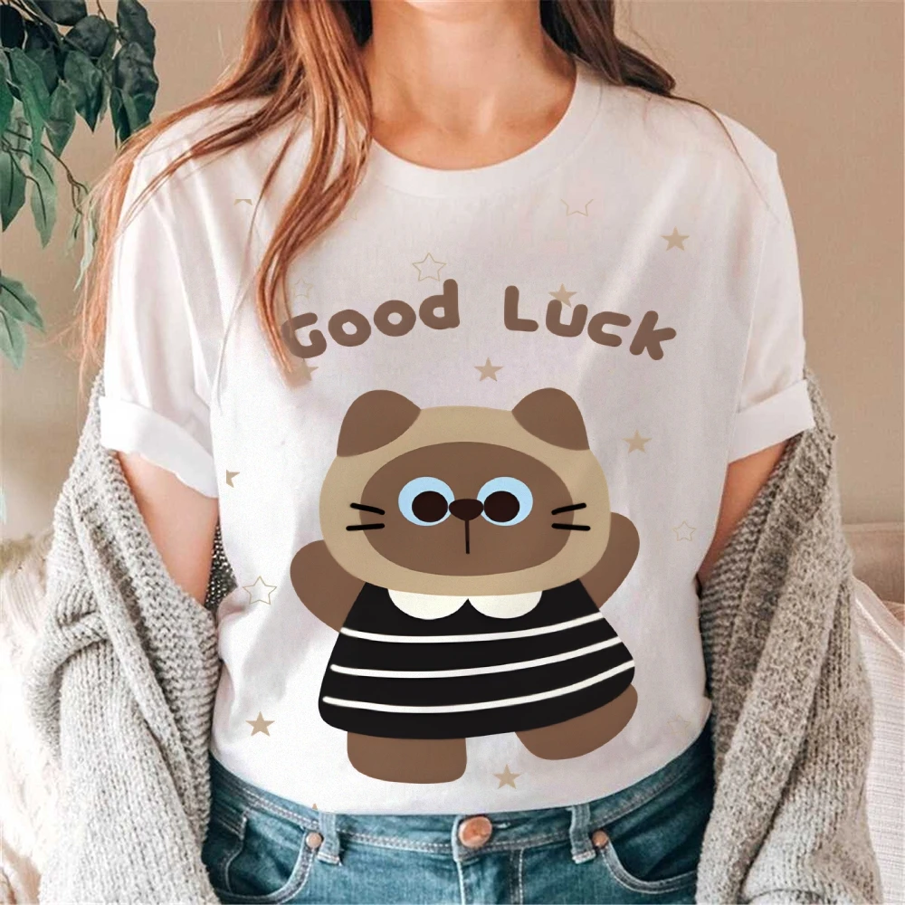 

Trendy Y2K Women's Short Sleeve Cartoon Cat Print Cute Aesthetic Cotton Women's Basic Crew Neck Tee Soft Cotton for Homewear