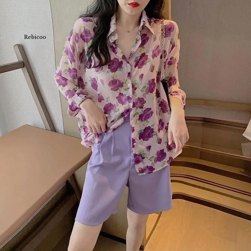 

Vintage Elegant Purple Floral Print Blouses 2022 Summer Long Shirt Female Casual Long Sleeve Printed Chiffon Size Tops