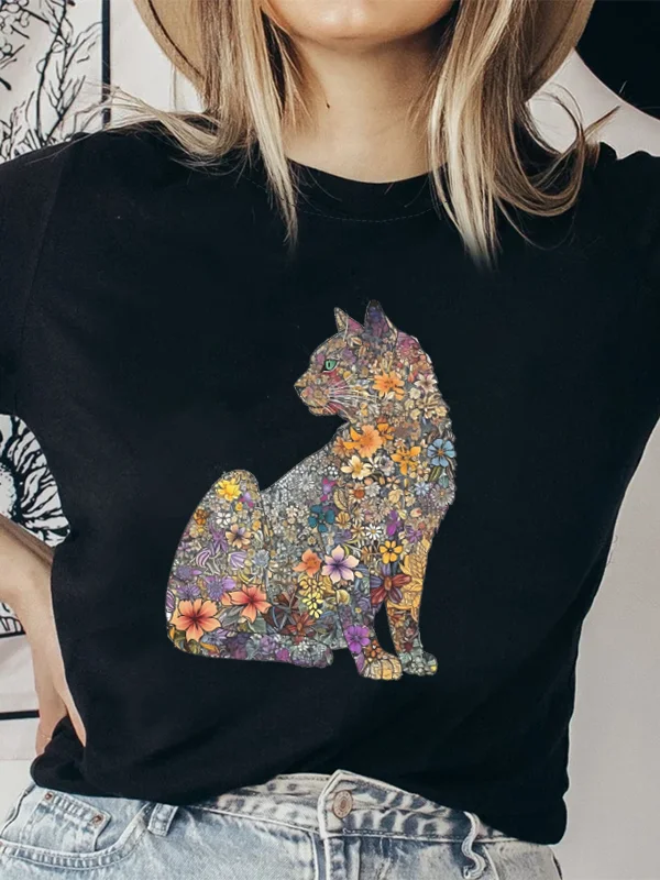 

A Variety of Flowers Composed of Cats Print Female Shirt 2024 New Hot Sale Stylish Literary Vintage Mother's Day Female T-shirt