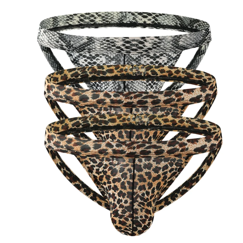 3PCS Sexy Thongs Men Double G-String Briefs Snake Print Underpants Male Panties Breathable Bikini Jockstrap Sissy Panties