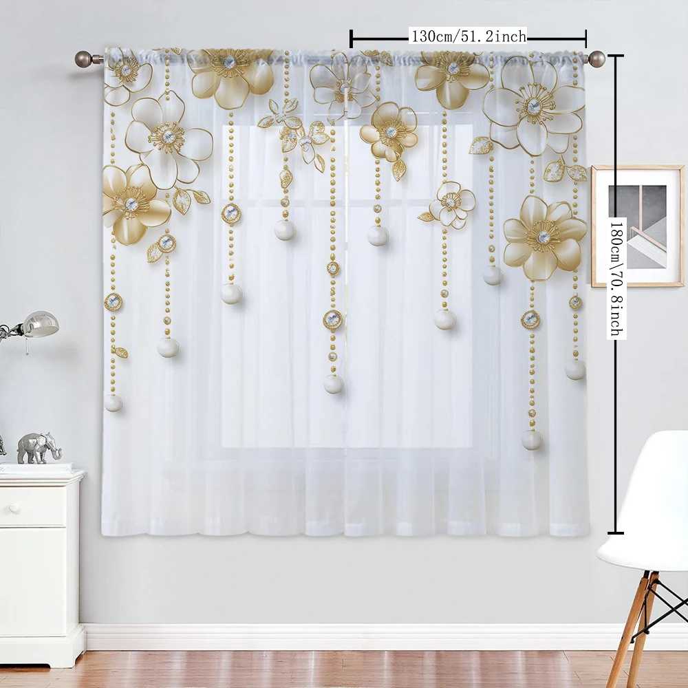 2Pcs Gold Chain Diamond Floral Print Home Decoration Window Screens, Suitable For Cafes, Restaurants, Bedrooms