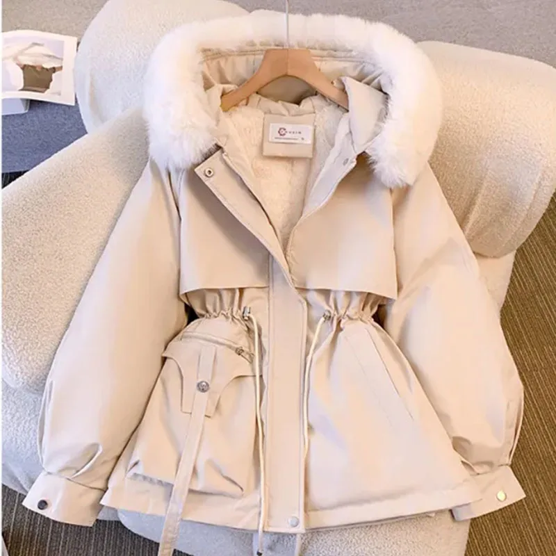 GIDYQ Thick Warm Parkas Women Outwear Hooded Hairy Collar Cotton Clothes Korean Elegant Drawstring Zipper Fall Winter Jacket New