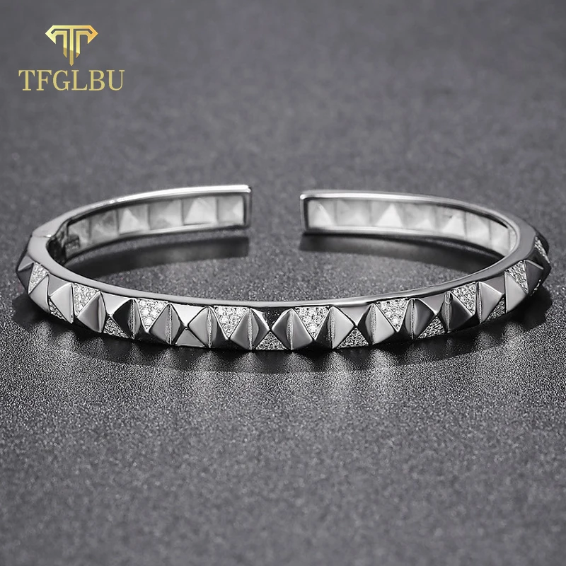 TFGLBU 1.1mm Moissanite Cuff for Women Rhombic Lattice S925 Sterling Silver Bracelet Luxury Fine Jewelry Birthday Gift Wholesale