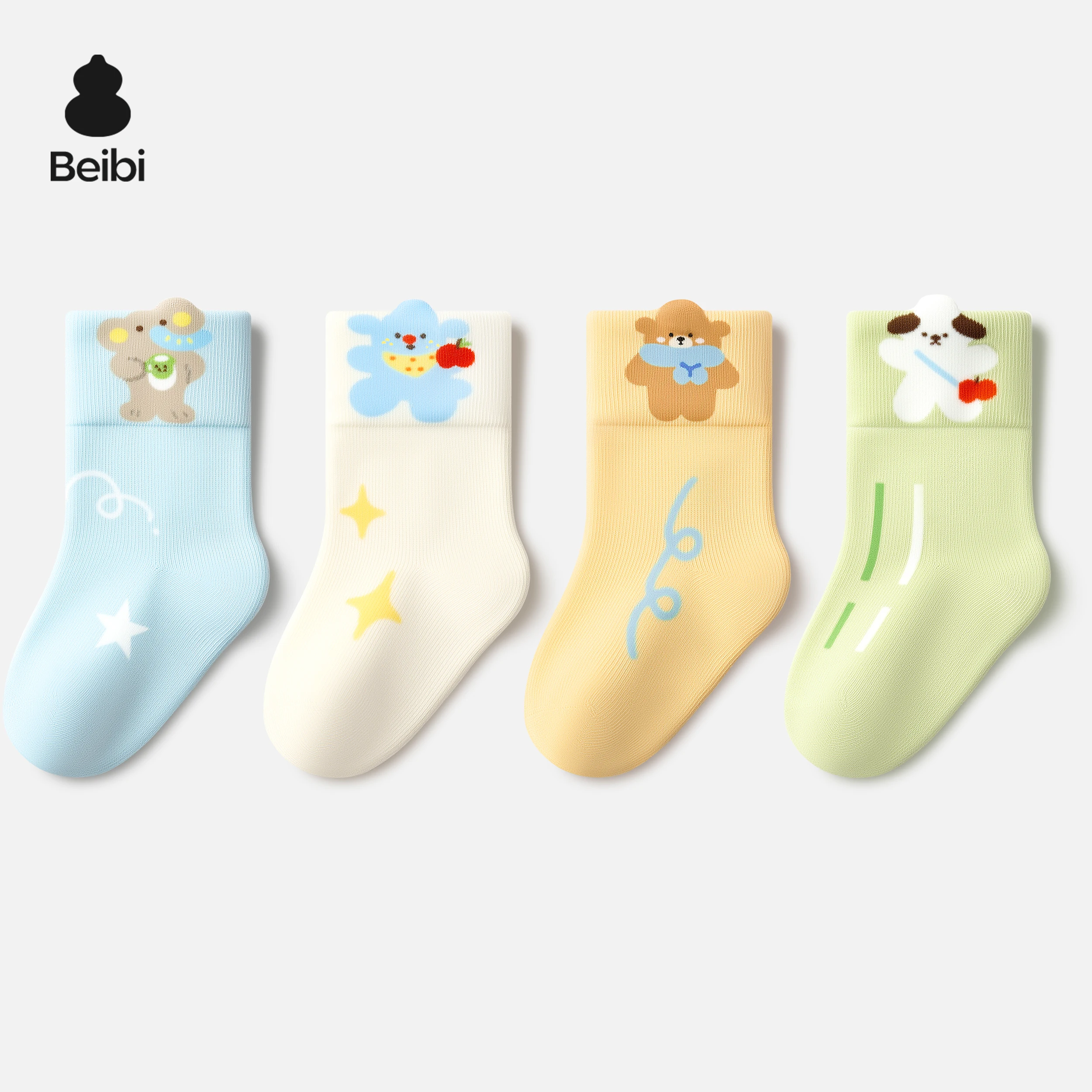 

Beibi 4-Pair Pack, Boys' Cartoon Print Mid-Calf Socks, All-Season Use, Suitable for Children Ages 0-6
