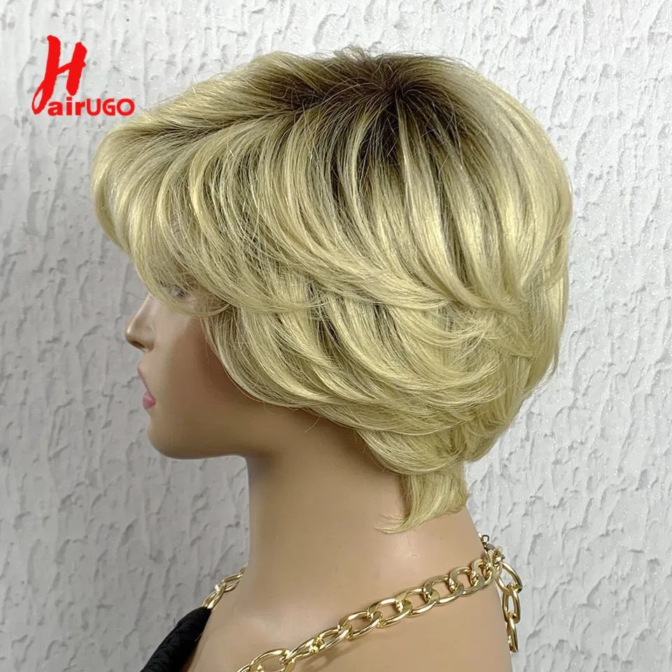 T4/613 Pixie Cut Wigs Glueless Wigs Dark Root Blonde Short Machine Made Wigs With Bangs Remy Curly Pixie Cut Human Hair Wigs