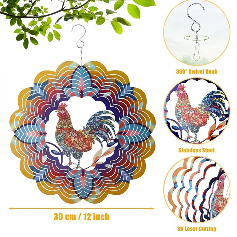 Rooster Wind Spinners, regali di pollo per le donne, filatore a vento appeso in acciaio inossidabile 3D, scultura a vento cinetica in metallo durevole