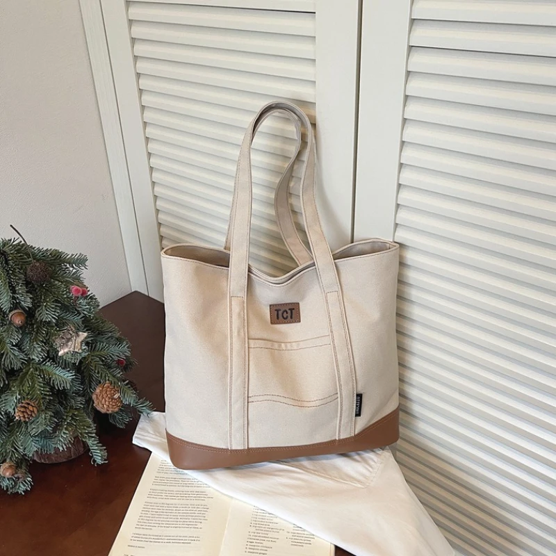 New Fashion Patchwork Canvas Tote Bag Large Capacity Simple Thick Polycotton Letter Embossed Shoulder Bag for Women