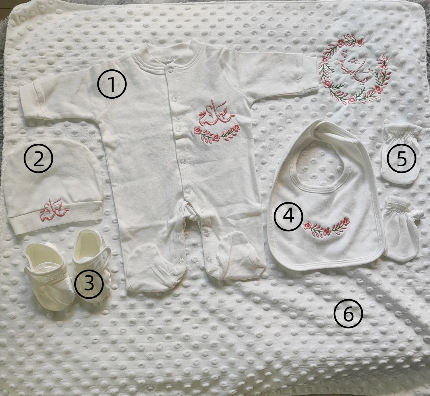 

Newborn Islamic Embroidery 6Pcs Footed Onesie Set Cotton Baby Girl Coming Home Outfit Pink Floral Prayer Blessing Gift Set