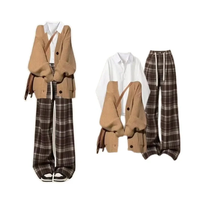 가을 겨울 신상품 한국 마이야르 니트 가디건 스웨터 재킷 셔츠 체크 와이드 팬츠 3피스 세트