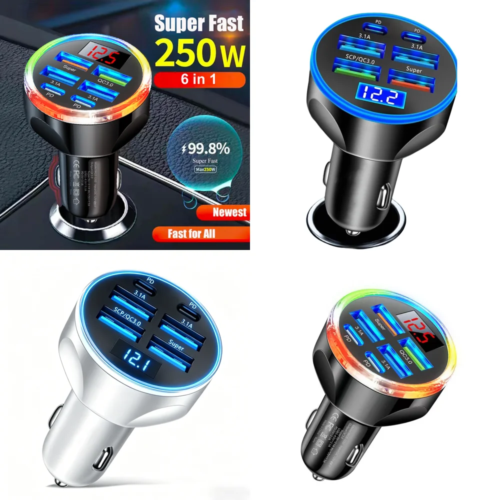 Super Fast Charge Adapter in Car with Voltage Display 6 in 1 Multi Port USB C Car Charger with Voltmeter for iPhone New 2026