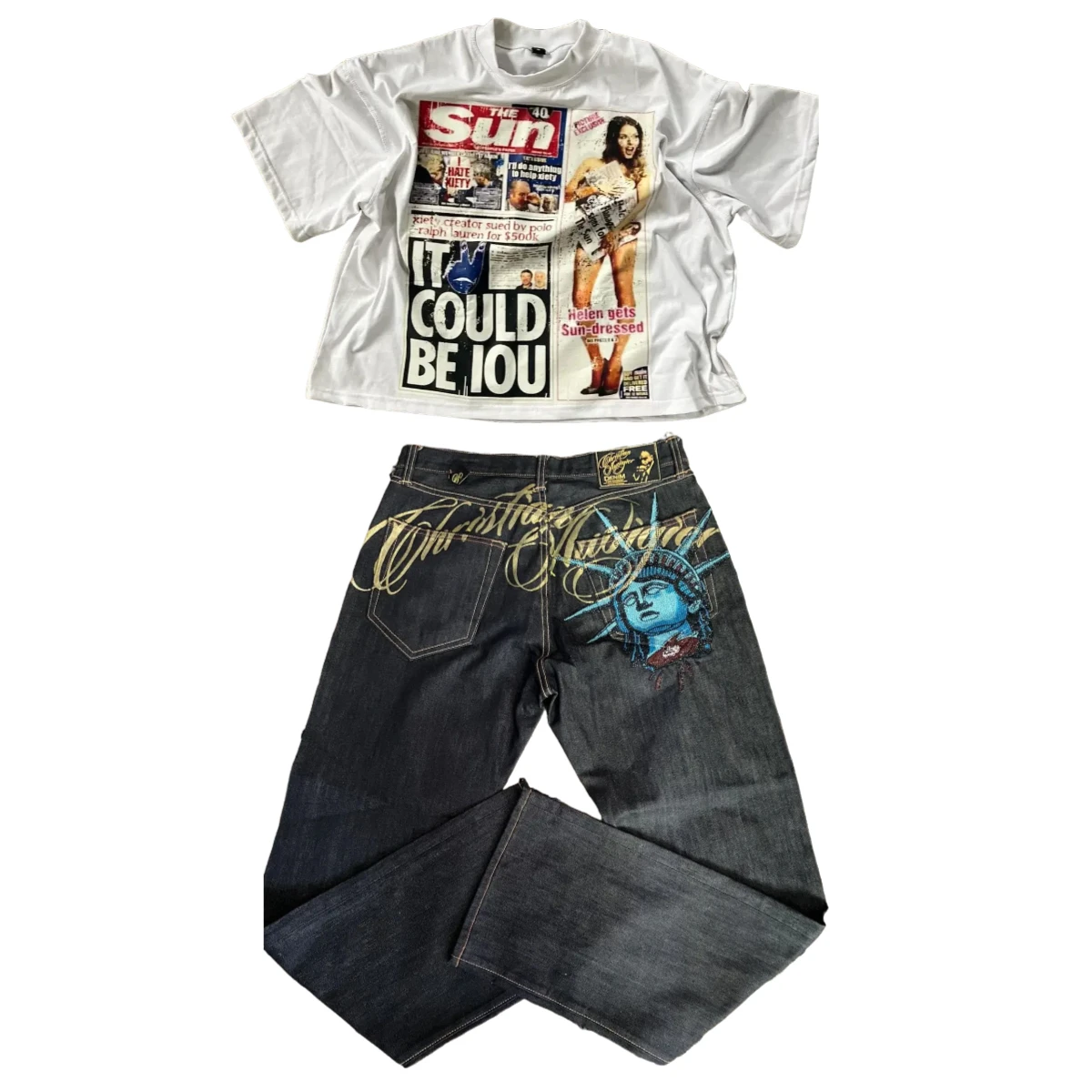 American hip-hop Statue of Liberty Diamonds Jeans Y2k denim pants Gothic Streetwear wide leg jeans Women Clothes