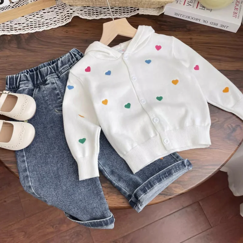 

1-5Baby Girl Sweater Hooded Sweater Coat Girls' Spring Clothes3Baby Heart Cardigan