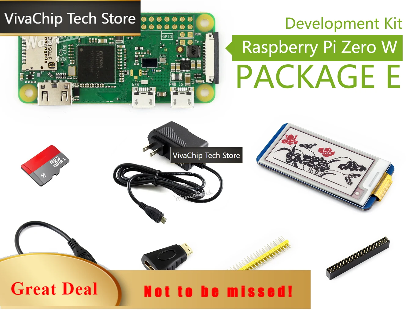 VivaChip TechRaspberry Pi Zero W (Built-In WiFi) Development Kit Type E Micro Card Power Adapter 2.13inch E-Paper HAT